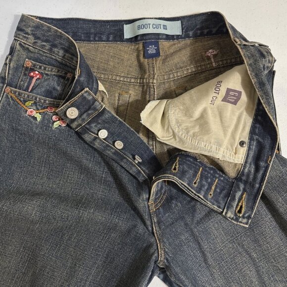 Gap Vintage 2002 Boot Cut Jeans Embroidery Flowers Mushroom Button Fly Size 14R - Picture 3 of 16